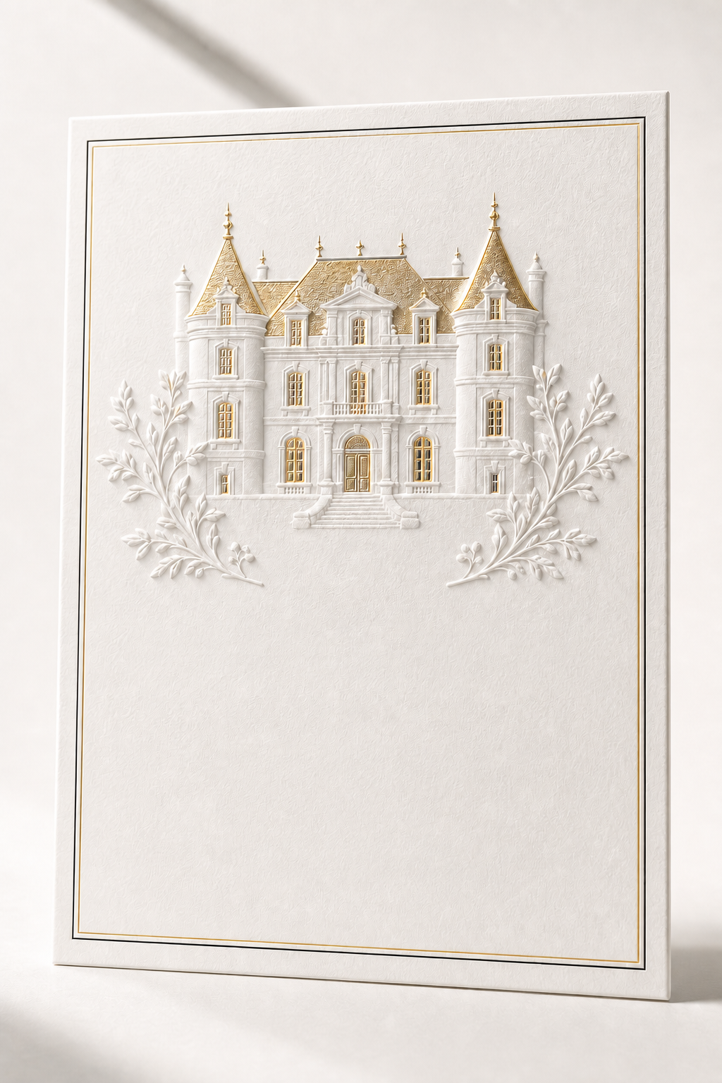 Embossed white and gold Château Nocturne wedding invitation